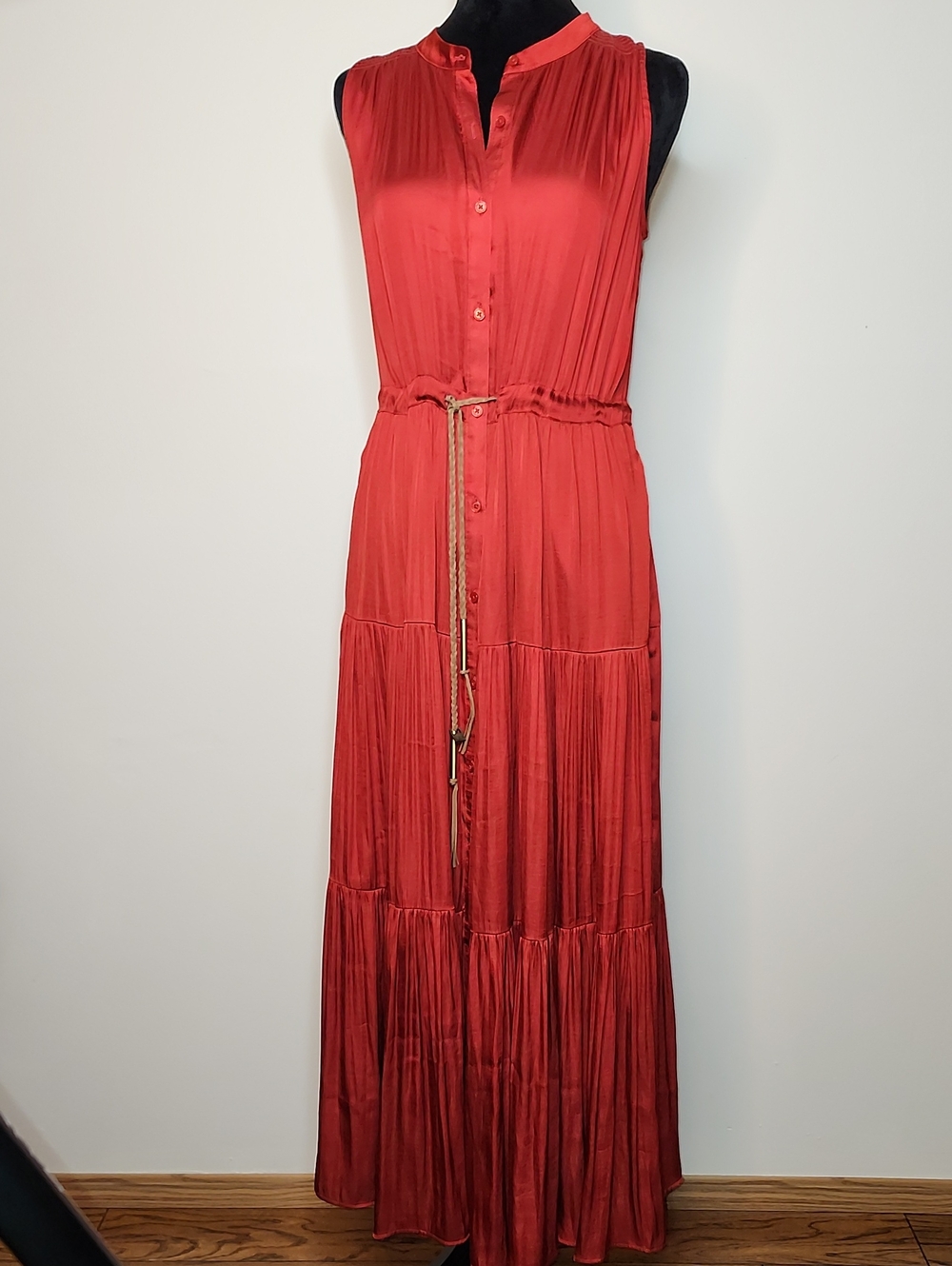 Banana Republic Satin Tiered Maxi Shirtdress Nebula Orange Drawstring Pockets S